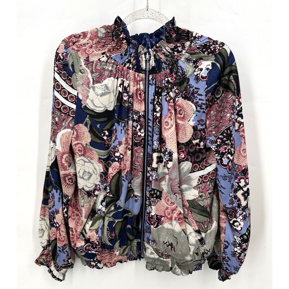 Chico's Floral Bomber Jacket Women 1 Blue Pink Ruffle Neck Zip Boho Art to Wear